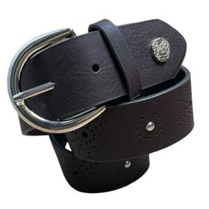 Vince Camuto Brown Vegan Leather Belt Silver Buckle Studded Perforated Design M